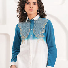 White & Blue Embroidered Cotton Co-ord Set