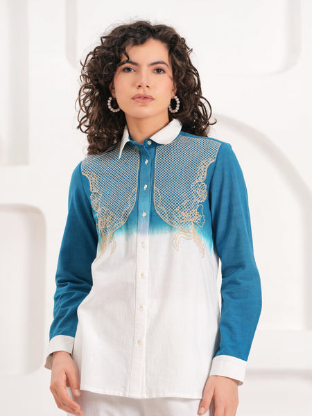 White & Blue Embroidered Cotton Co-ord Set