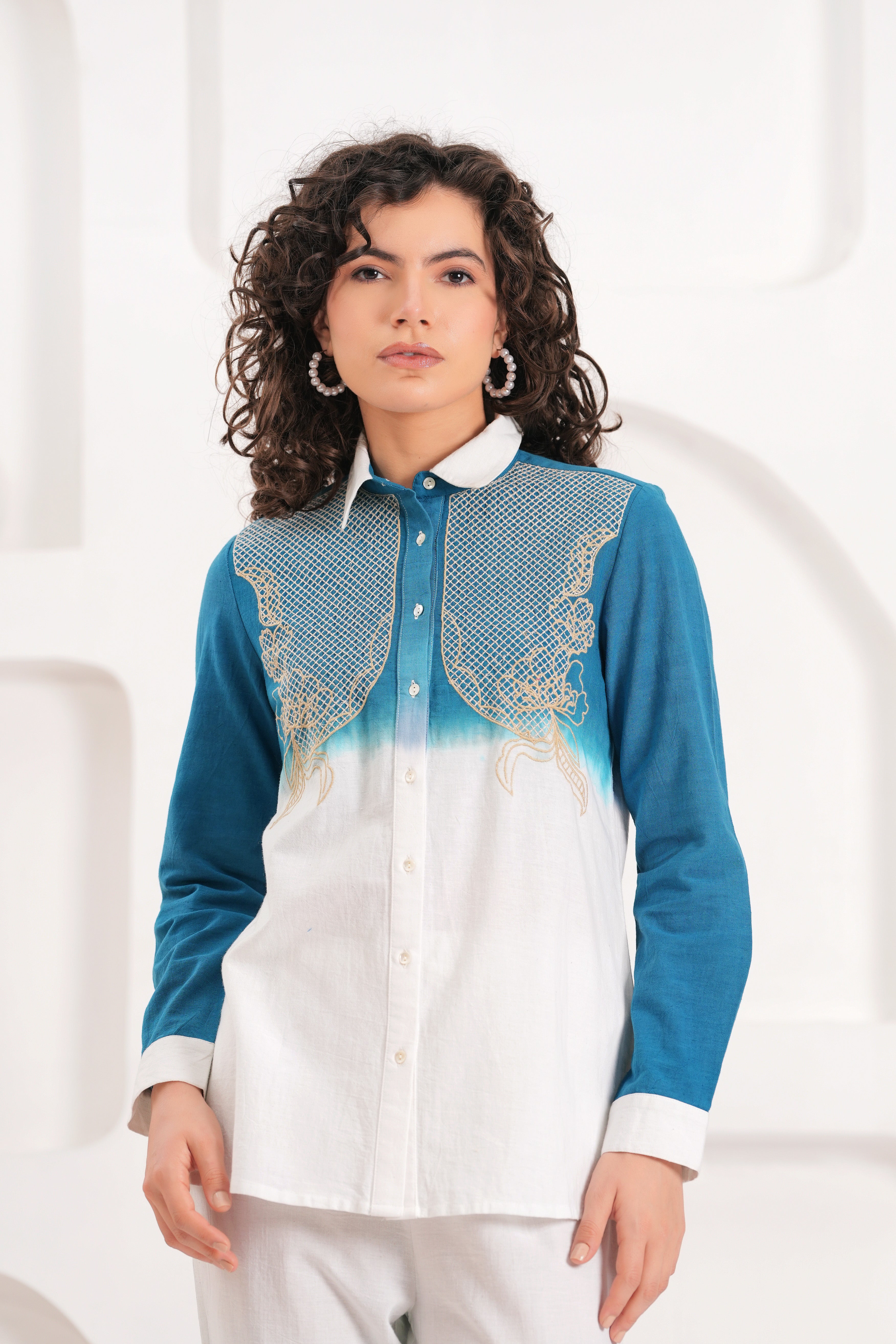 White & Blue Embroidered Cotton Co-ord Set