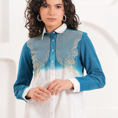 White & Blue Embroidered Cotton Co-ord Set