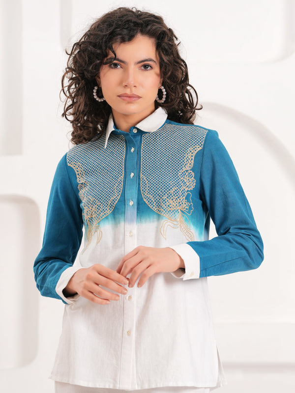 White & Blue Embroidered Cotton Co-ord Set