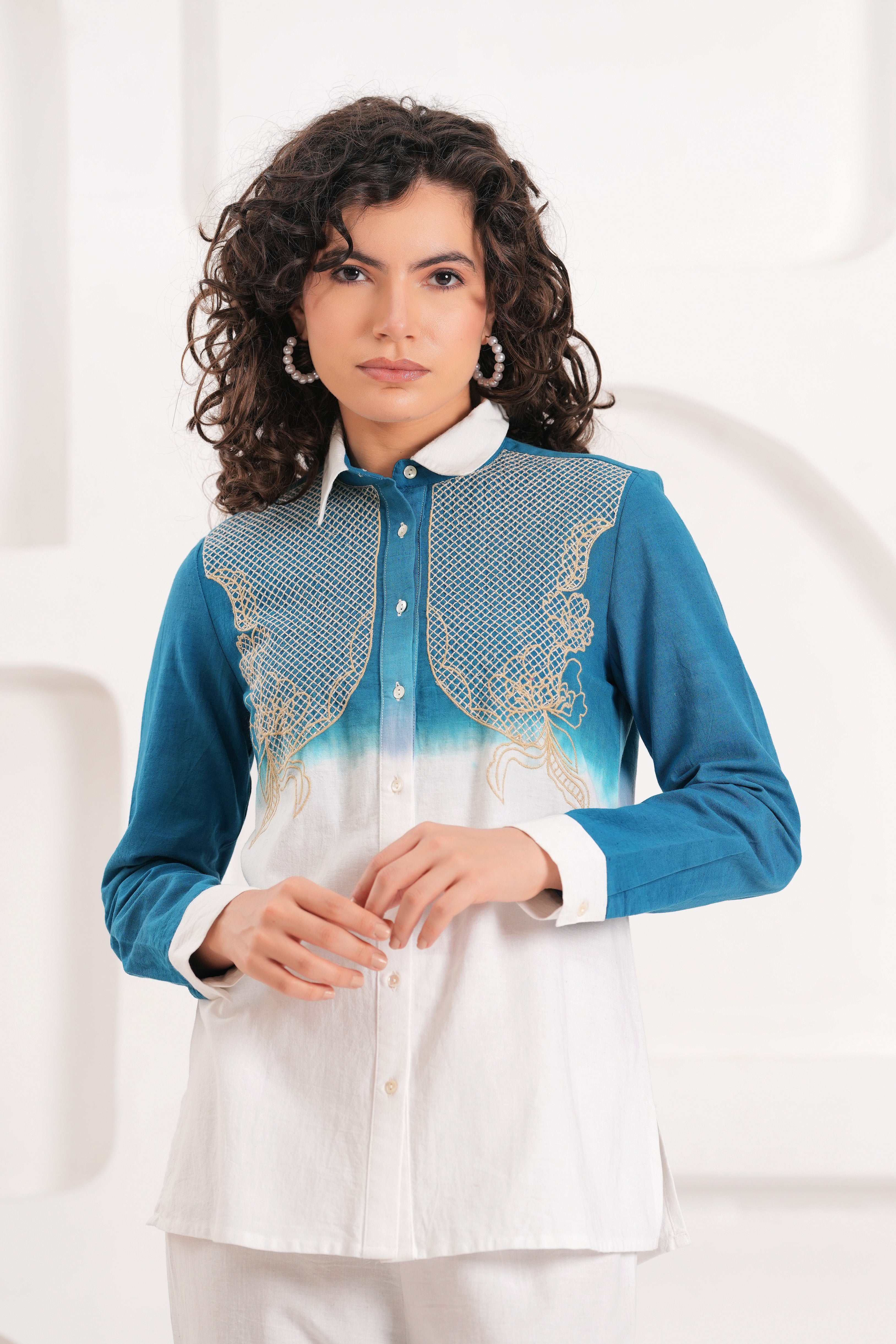 White & Blue Embroidered Cotton Co-ord Set