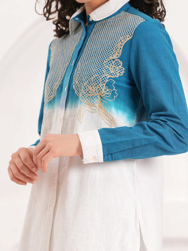White & Blue Embroidered Cotton Co-ord Set