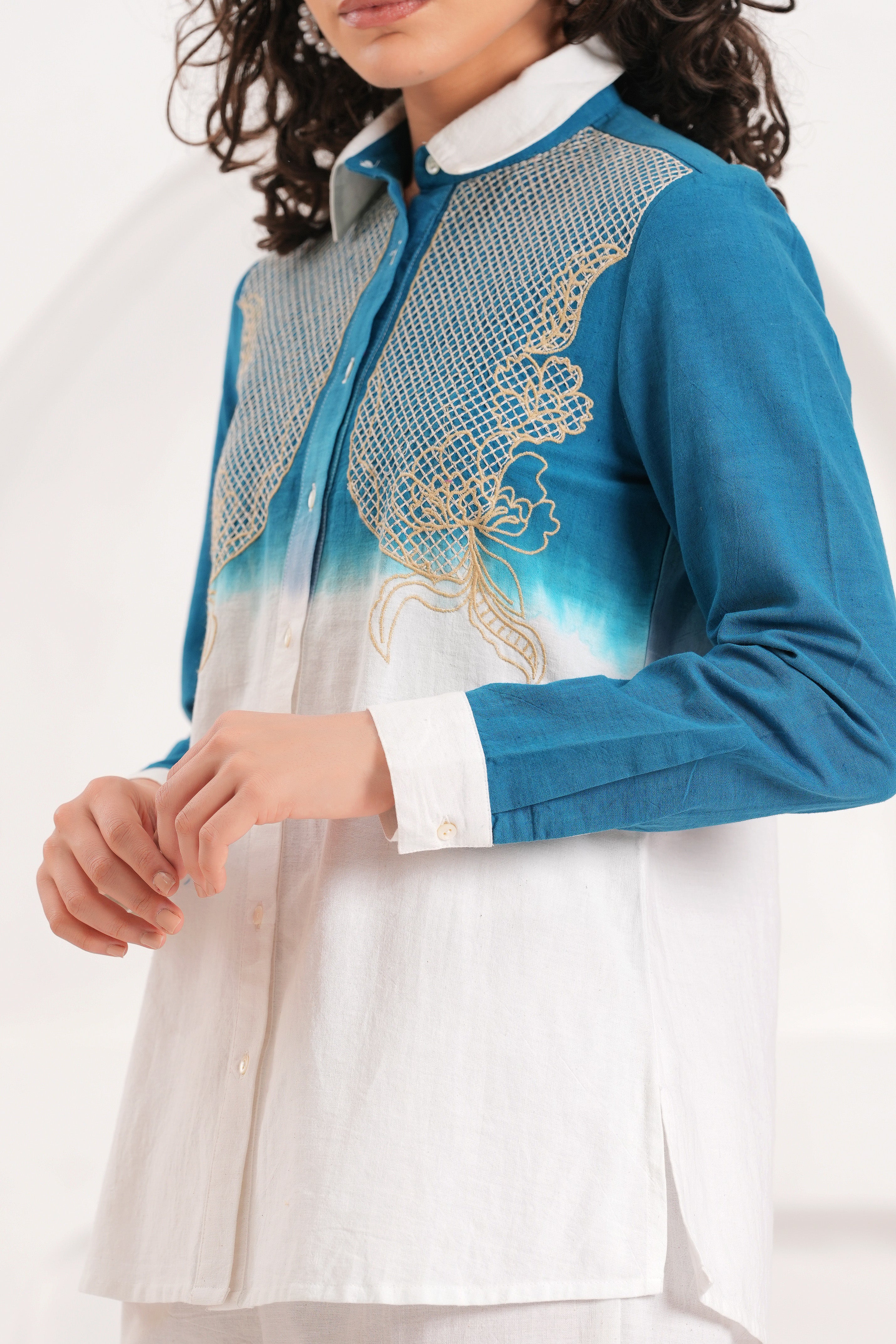 White & Blue Embroidered Cotton Co-ord Set
