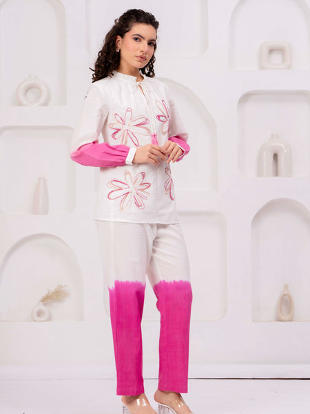 Elegant White & Pink Embroidered Co-Ord Set