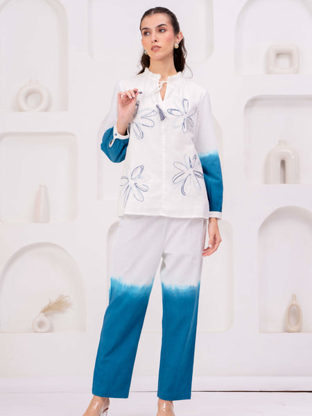 Elegant White & Teal Embroidered Co-Ord Set for Women