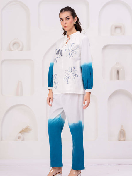 Elegant White & Teal Embroidered Co-Ord Set for Women