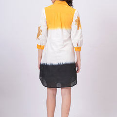 Mustard & White Embroidered Cotton Shirt Dress