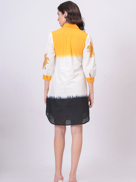 Mustard & White Embroidered Cotton Shirt Dress