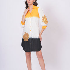 Mustard & White Embroidered Cotton Shirt Dress