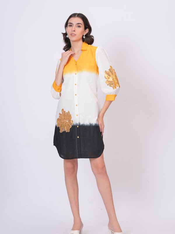Mustard & White Embroidered Cotton Shirt Dress