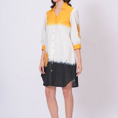Mustard & White Embroidered Cotton Shirt Dress