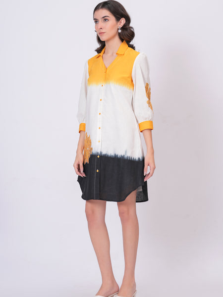 Mustard & White Embroidered Cotton Shirt Dress