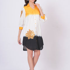 Mustard & White Embroidered Cotton Shirt Dress