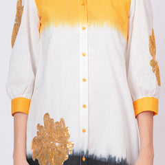 Mustard & White Embroidered Cotton Shirt Dress