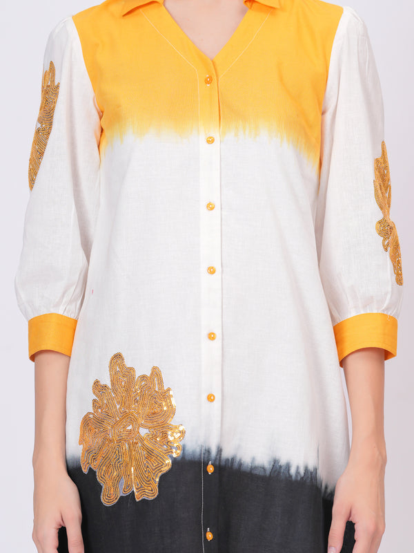 Mustard & White Embroidered Cotton Shirt Dress