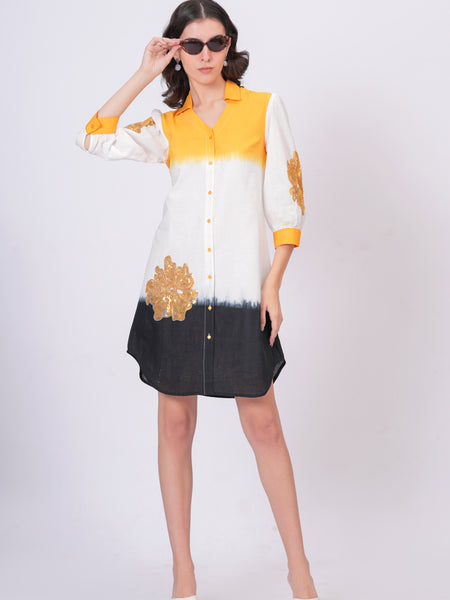Mustard & White Embroidered Cotton Shirt Dress
