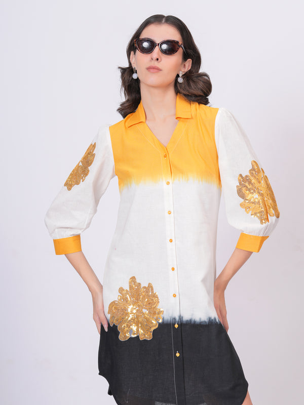 Mustard & White Embroidered Cotton Shirt Dress