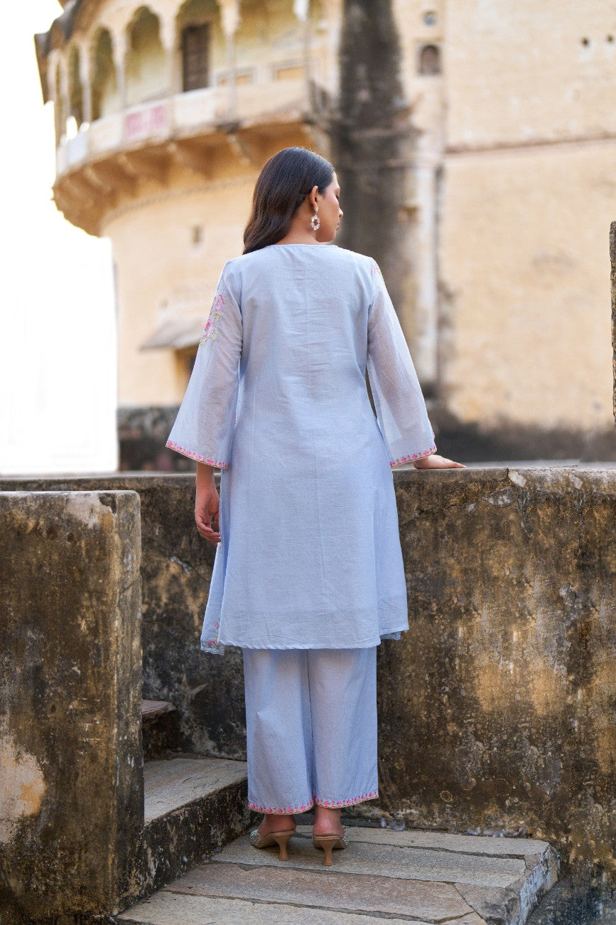 Powder Blue Floral Embroidered Kurta Pant Set
