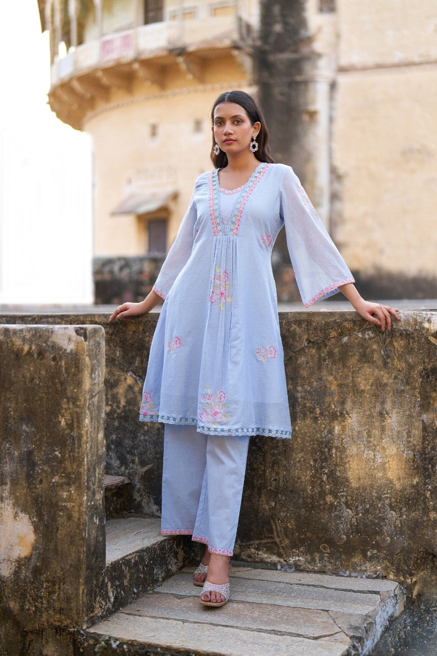 Powder Blue Floral Embroidered Kurta Pant Set