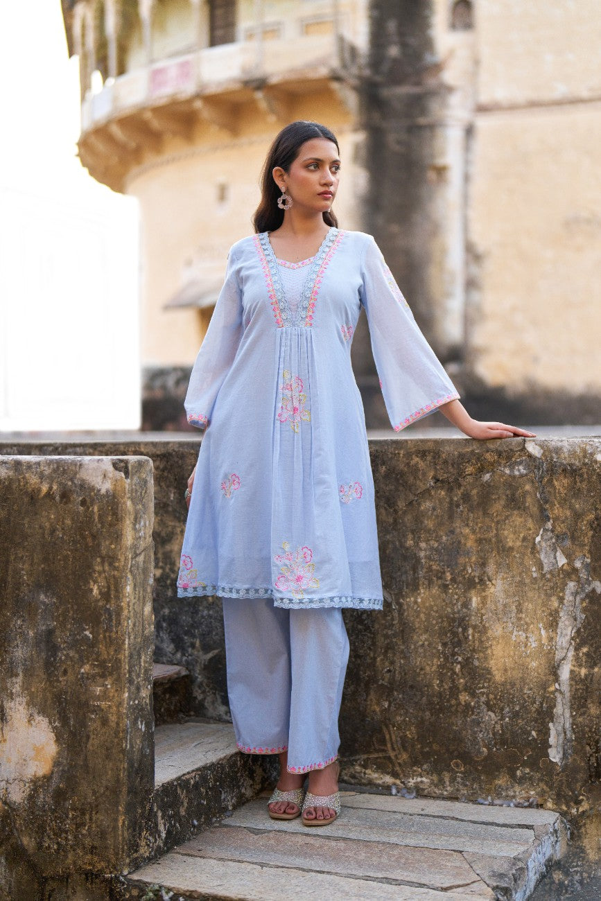 Powder Blue Floral Embroidered Kurta Pant Set