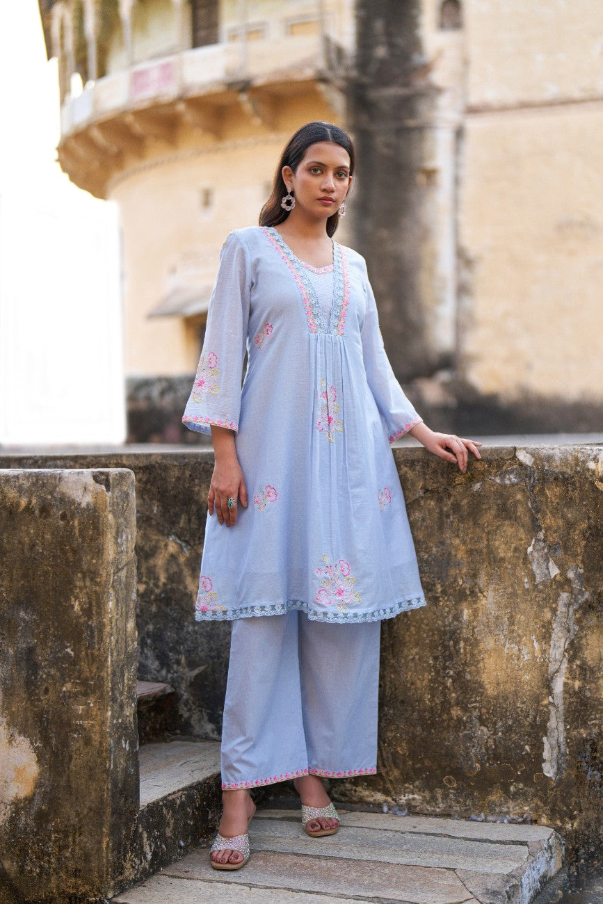 Powder Blue Floral Embroidered Kurta Pant Set