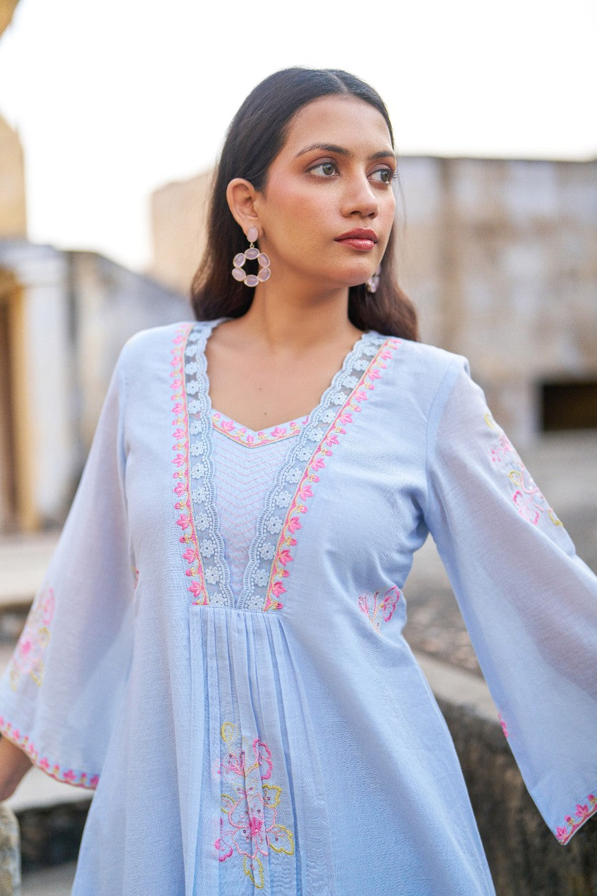Powder Blue Floral Embroidered Kurta Pant Set