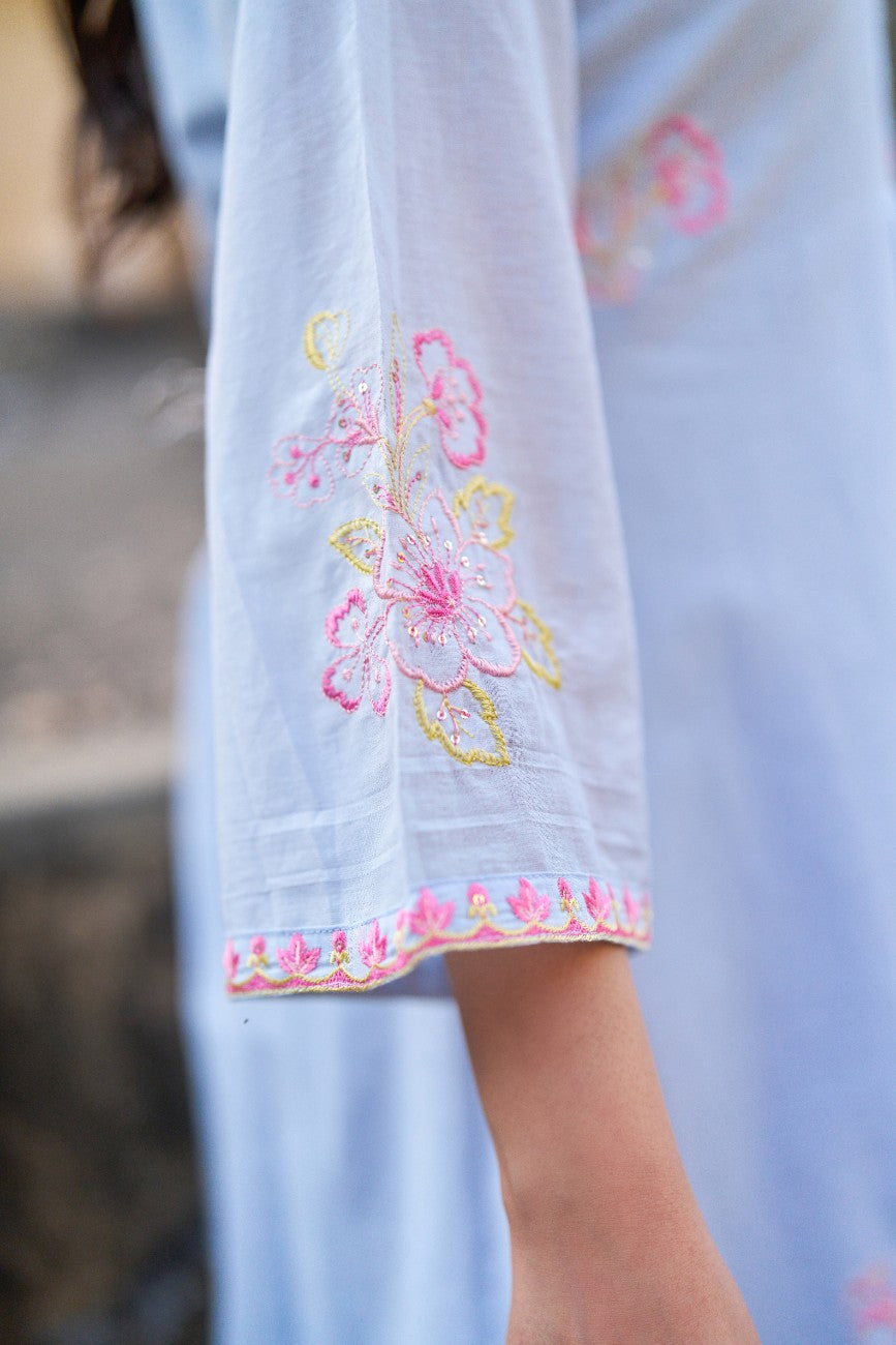 Powder Blue Floral Embroidered Kurta Pant Set