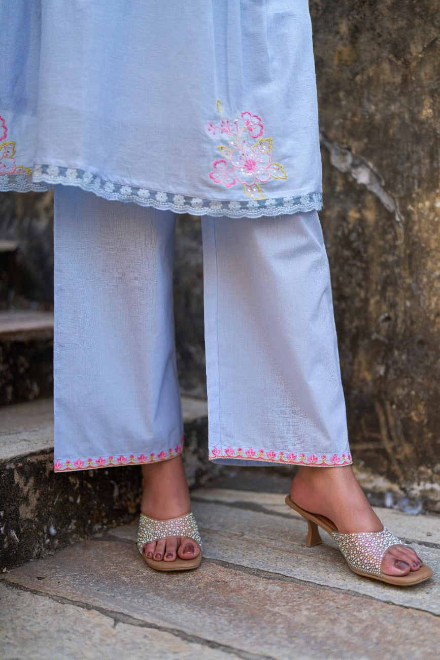 Powder Blue Floral Embroidered Kurta Pant Set