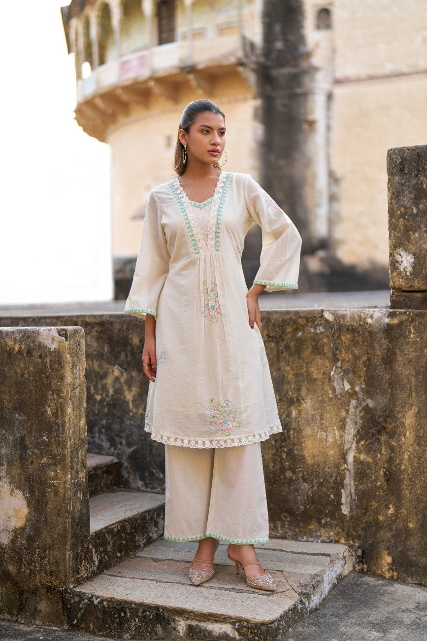 Graceful Cream Handcrafted Floral Embroidery Luxury Kurta Set