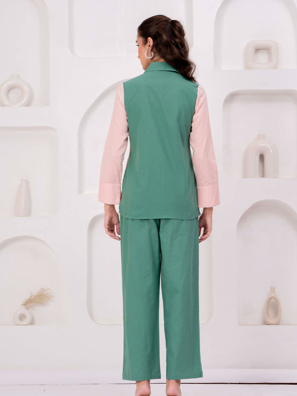 Green & Blush Pink Zip-Front Co-Ord Set with Straight Pants