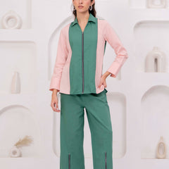Green & Blush Pink Zip-Front Co-Ord Set with Straight Pants