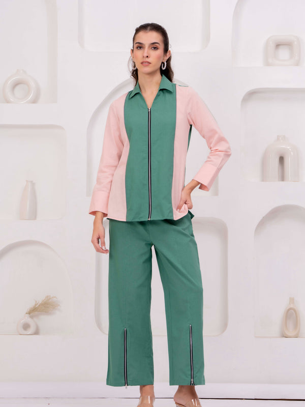 Green & Blush Pink Zip-Front Co-Ord Set with Straight Pants