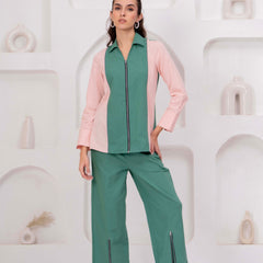 Green & Blush Pink Zip-Front Co-Ord Set with Straight Pants