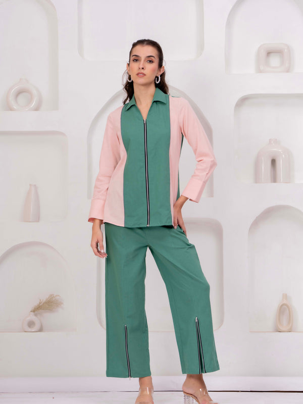 Green & Blush Pink Zip-Front Co-Ord Set with Straight Pants