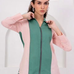 Green & Blush Pink Zip-Front Co-Ord Set with Straight Pants