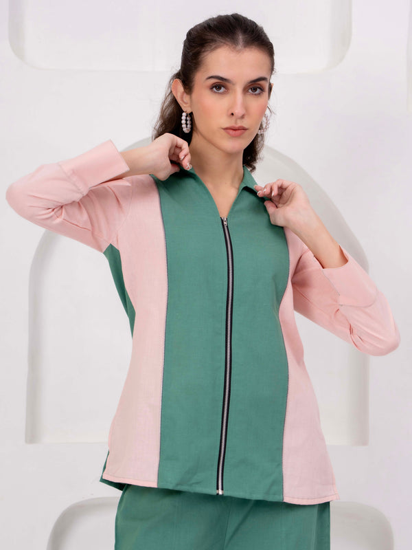 Green & Blush Pink Zip-Front Co-Ord Set with Straight Pants