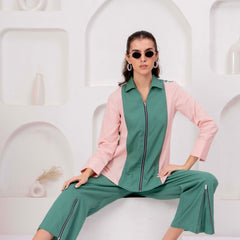 Green & Blush Pink Zip-Front Co-Ord Set with Straight Pants