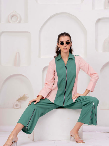 Green & Blush Pink Zip-Front Co-Ord Set with Straight Pants