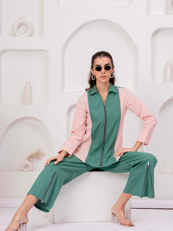 Green & Blush Pink Zip-Front Co-Ord Set with Straight Pants