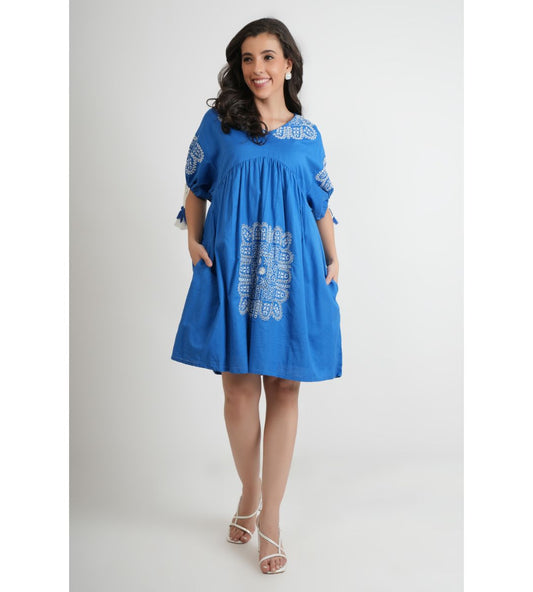 Blue Printed Cotton Mini Dress