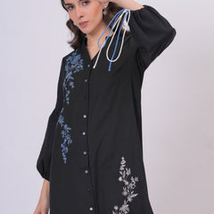 Black Longline Button-Down Dress with Floral Thread Embroidery & Balloon Sleeves