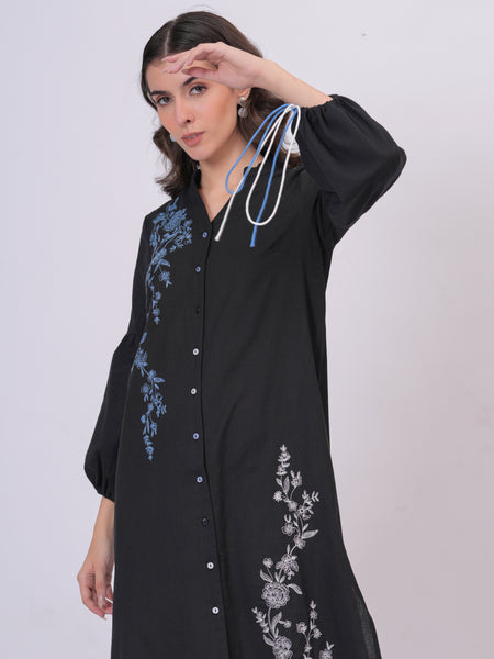 Black Longline Button-Down Dress with Floral Thread Embroidery & Balloon Sleeves
