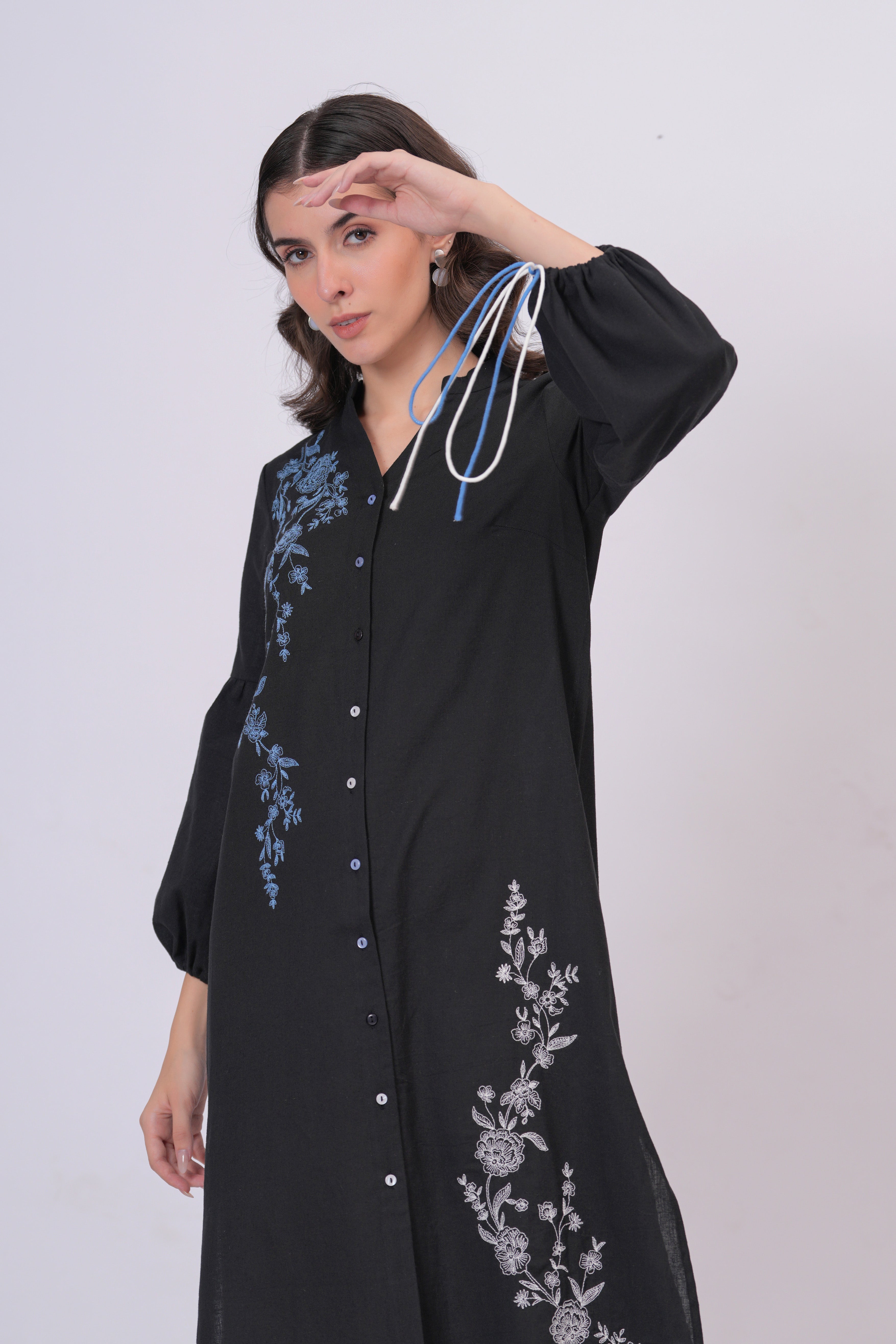 Black Longline Button-Down Dress with Floral Thread Embroidery & Balloon Sleeves