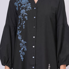 Black Longline Button-Down Dress with Floral Thread Embroidery & Balloon Sleeves