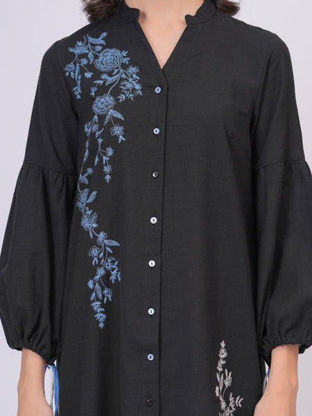 Black Longline Button-Down Dress with Floral Thread Embroidery & Balloon Sleeves