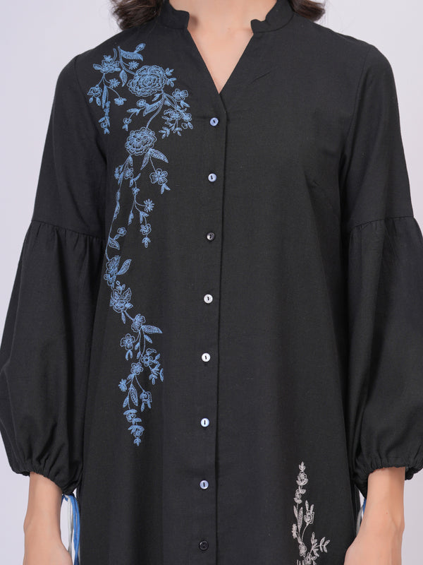Black Longline Button-Down Dress with Floral Thread Embroidery & Balloon Sleeves