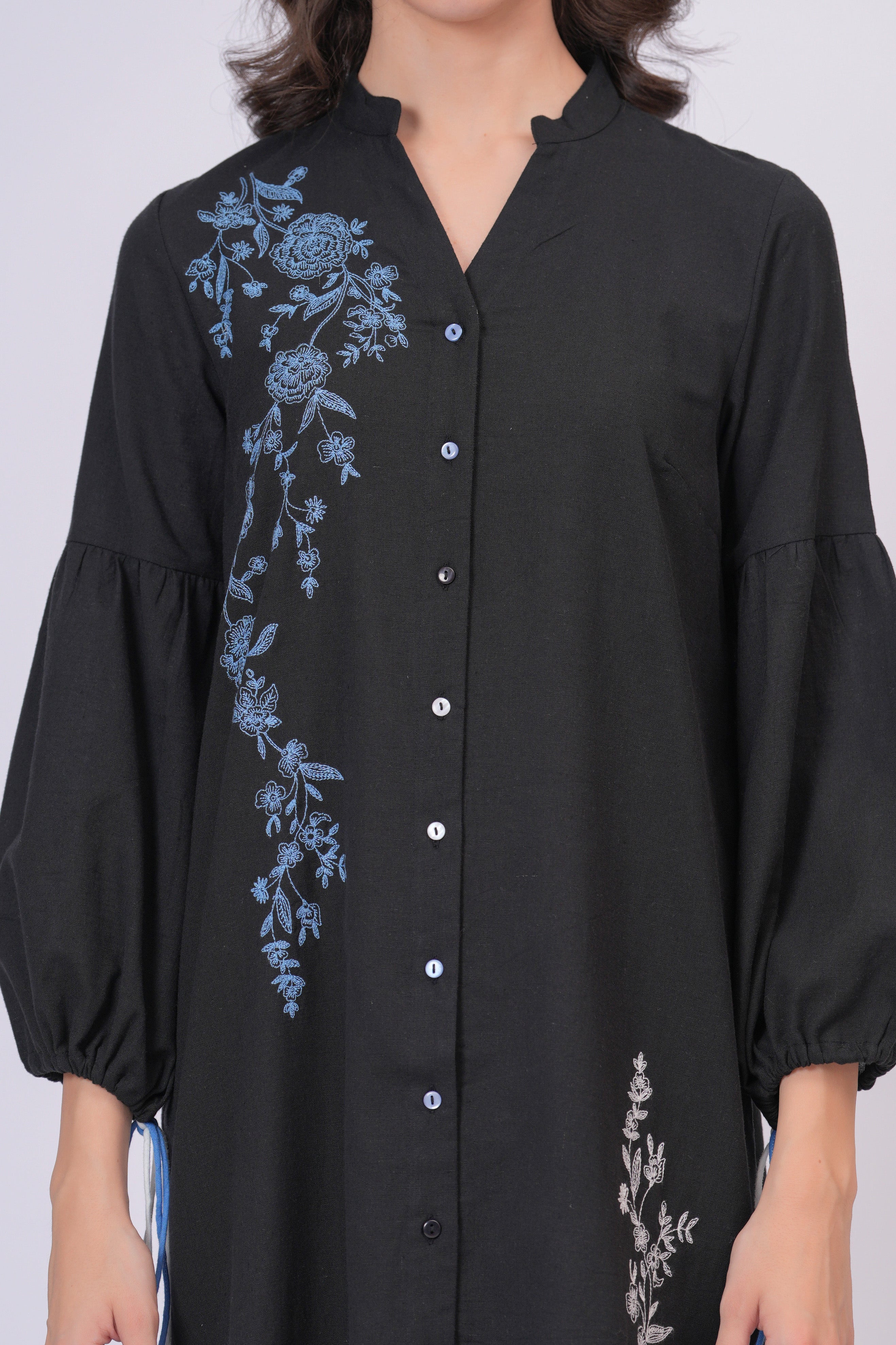 Black Longline Button-Down Dress with Floral Thread Embroidery & Balloon Sleeves