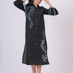 Black Longline Button-Down Dress with Floral Thread Embroidery & Balloon Sleeves