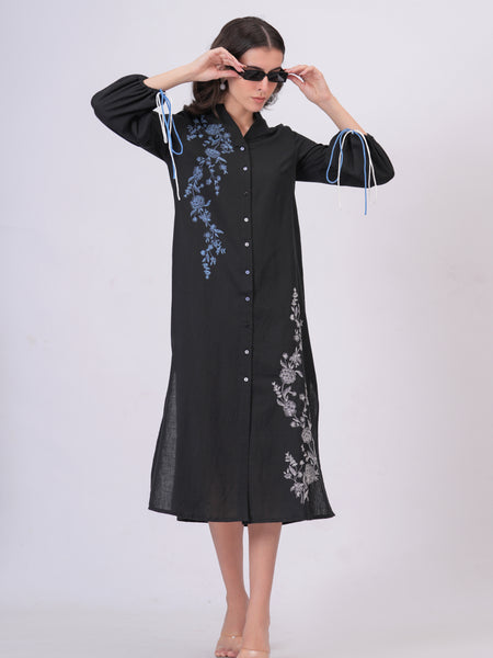Black Longline Button-Down Dress with Floral Thread Embroidery & Balloon Sleeves